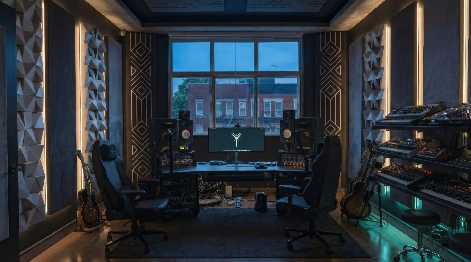 Antenna Studios control room during blue hour with warm lighting